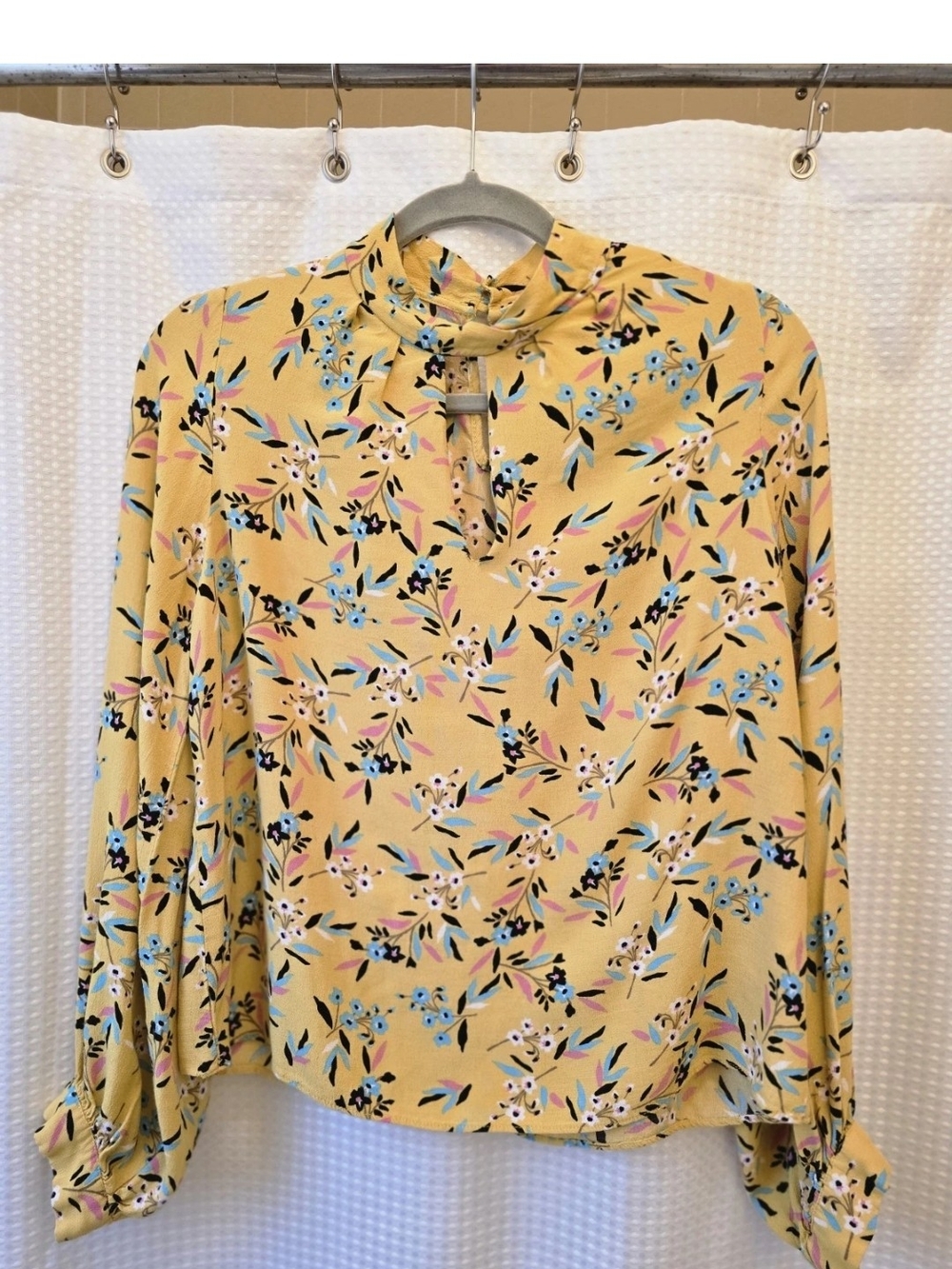 Anthropologie Yellow Floral Keyhole Mock-Neck Blouse with Blue Accents